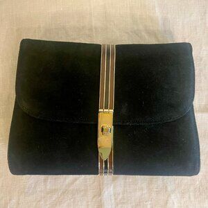 VINTAGE SUEDE HANDBAG WITH METAL CLASP & ENAMEL DETAIL